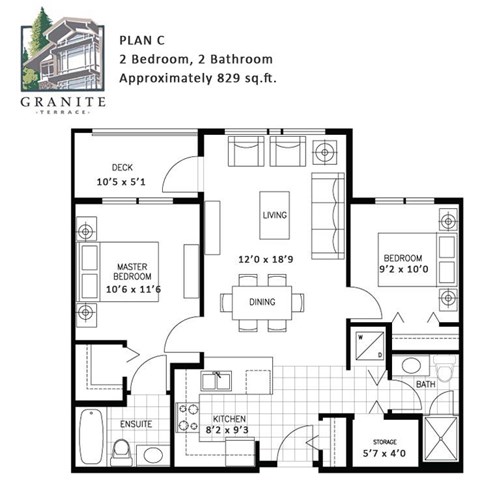 Floor plan for 2 beds, 2 baths, 825 sqft